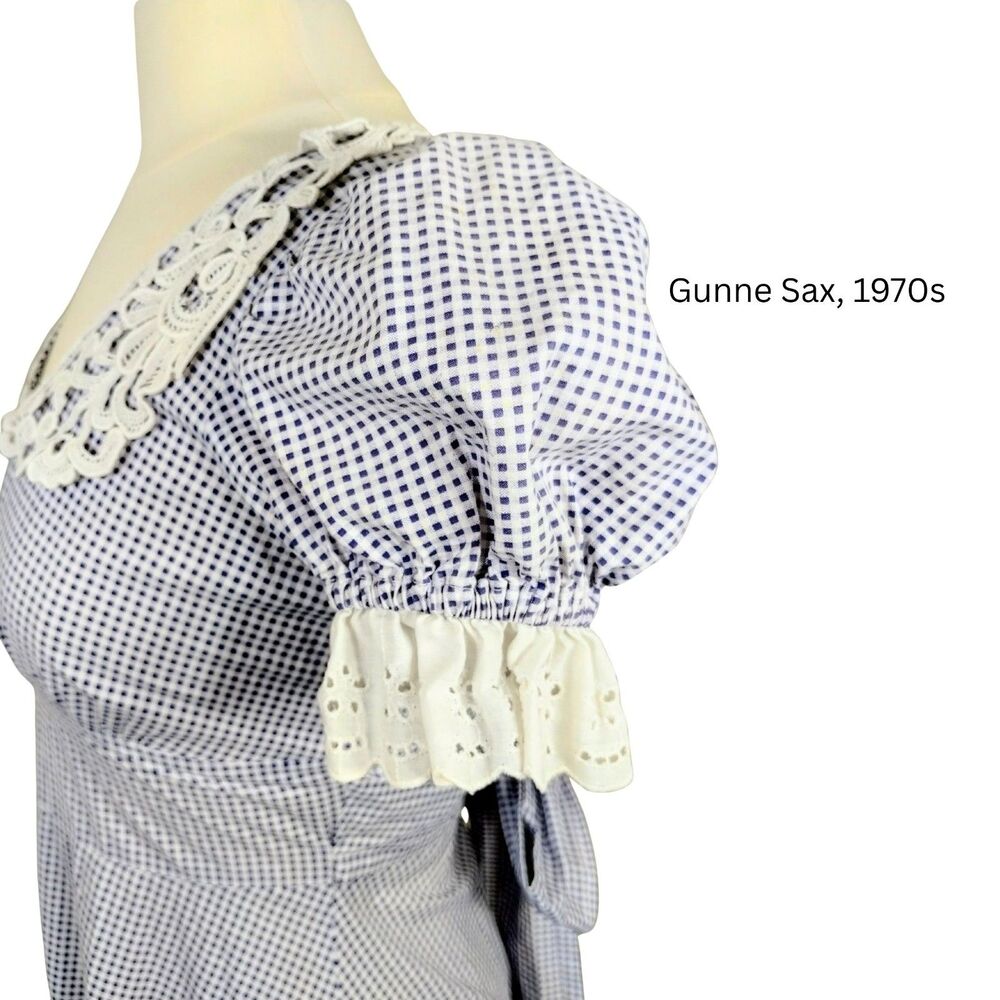 Vtg 70s Gunne Sax Maxi Dress cotton lace collar gingham blue check XS - Picture 5 of 9